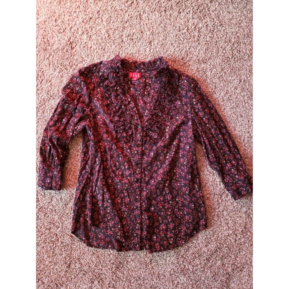 Womens Elle Sz S Patterned Ruffle 3/4 Sleeve Button Up - Picture 1 of 2